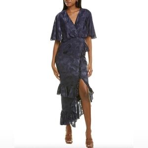 Saloni Silk Floral Navy Blue Midi Dress Size 6